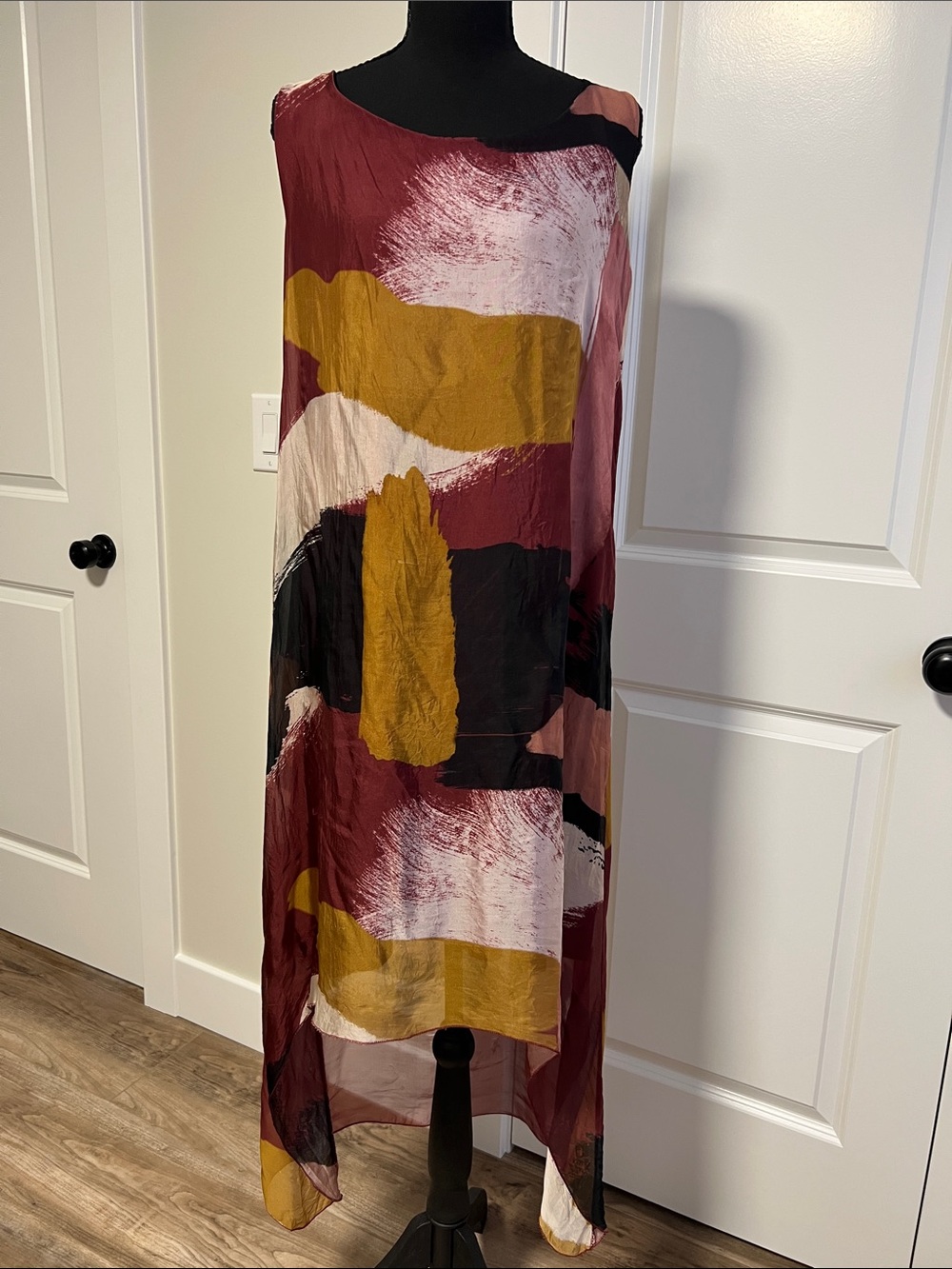 Asymmetrical Abstract Print Maxi Dress - Burgundy & Mustard